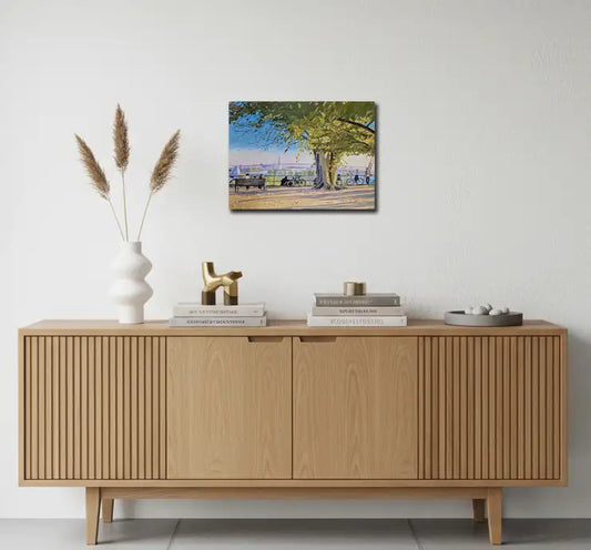 ölgemälde, ein großer grüner Baum, Blick auf den Hamburger Hafen mit Köhlbrandbrücke, hängend, 40 x 30 cm, Ulla Kutter, Kunst-Direkt.de