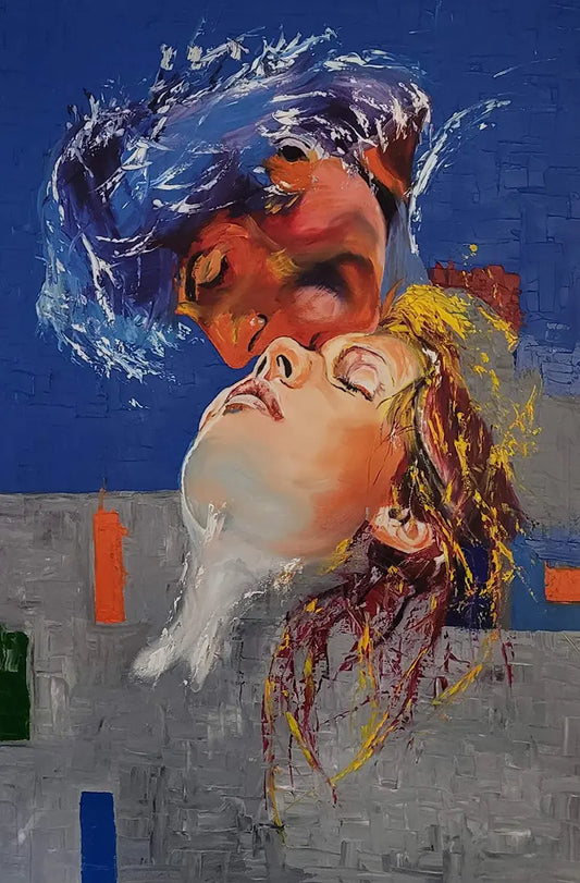 Emotions – Ölgemälde von Roger Ziereisen, 80x120 cm, Spachteltechnik, Figurenporträt in Blau und Warm | Kunst-Direkt.de