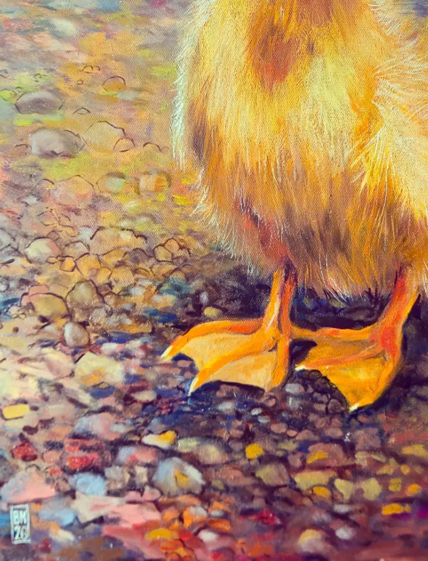 Detailaufnahme Gänseküken – Mosaikartiges Kiesbett in bunten Farbtupfern, Komplementärkontrast Gelb und Blau, Björn Kirste | Kunst-Direkt.de