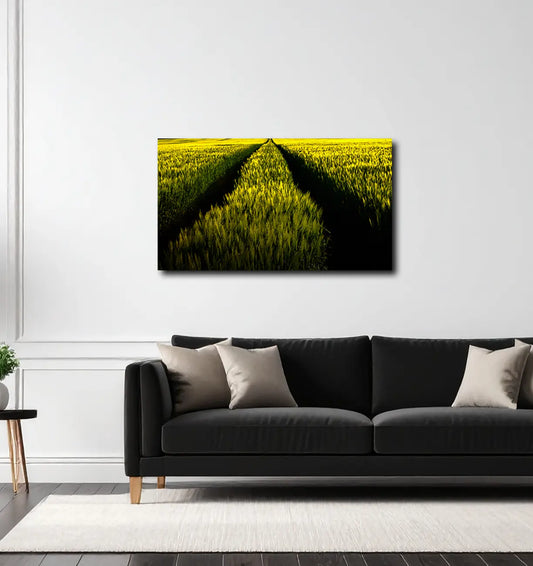 weite Sicht über eine Graslandschaft, farben gelb und grün, querformat, an Wand hängend, Anja Artzt, Kunst-Direkt.de