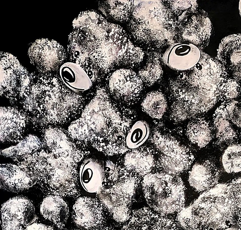 Detailaufnahme Wir sind viele – Stilisierte Augen in unterschiedliche Richtungen, monochrome Textur, Ute Kleist | Kunst-Direkt.de