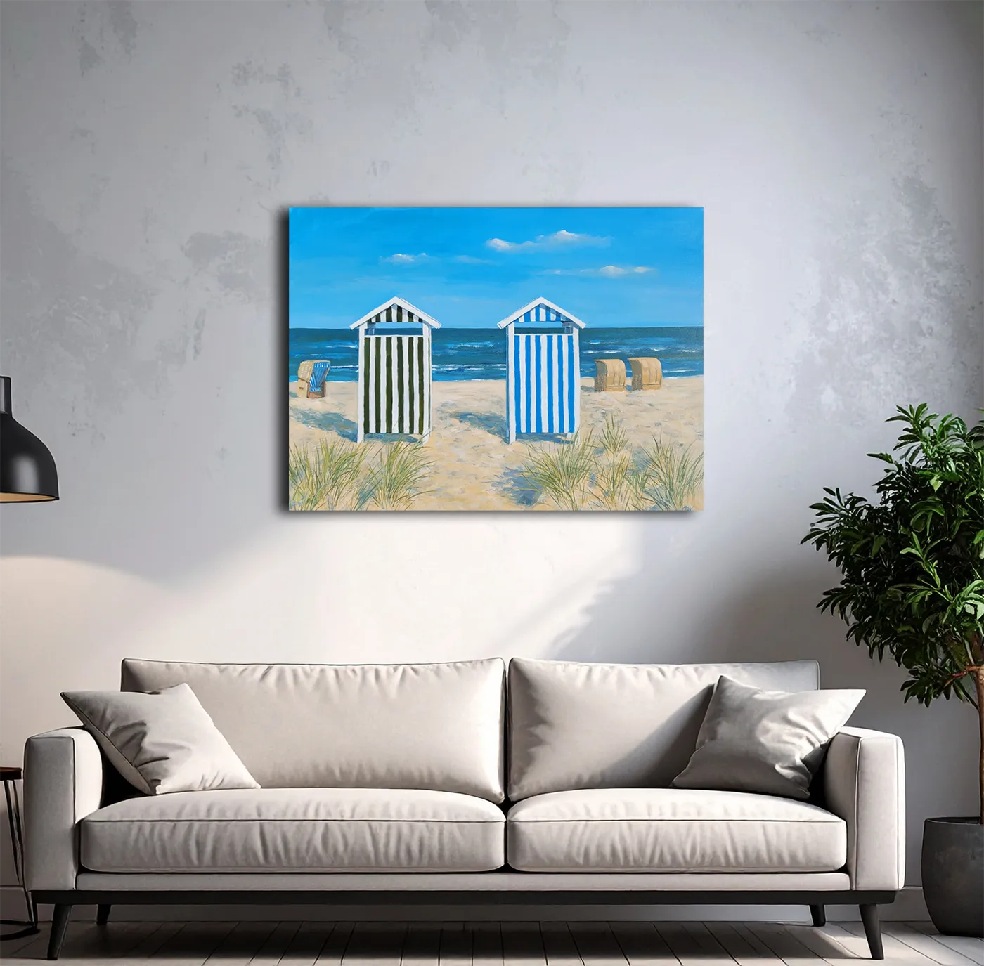 Badehäuschen von Britta Kröger an der Wand – Original-Acrylgemälde, 60x80 cm, maritime Strandmalerei, signiertes Unikat | Kunst-Direkt.de
