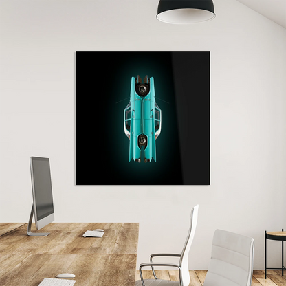 Chrysler Newport, grün, gegeneinander gespiegelt vor scharzem Hintergrund, Format quadratisch, an heller Wand mit Tisch hängend, Rolf Krieger, Kunst-Direkt.de
