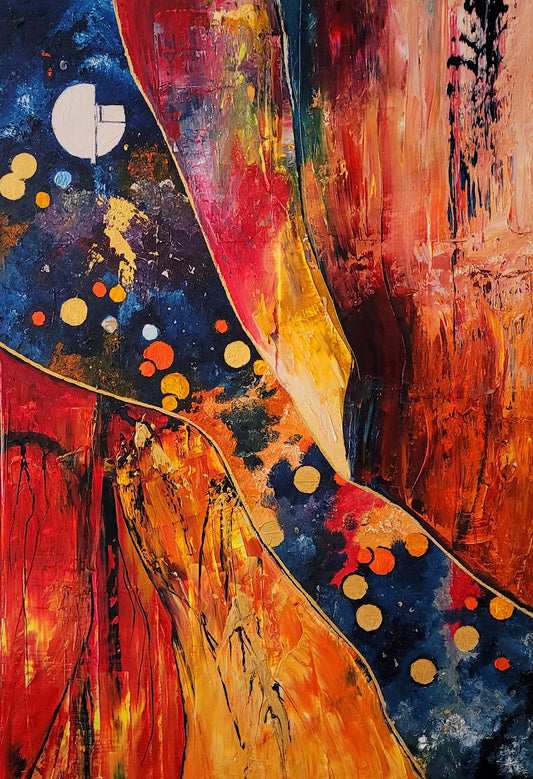 Original Ölgemälde Der Perlenfluss von Roger Ziereisen – Abstrakte Kunst mit Goldakzenten, Rot und Tiefblau 80x100 cm, Kunst-Direkt.de / Newart.gallery