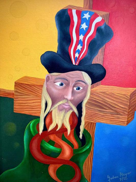 aus einem Flaschenhals aufsteigender bärtiger Mann mit Zylinder, Flaschengeist ist ein surreales Ölgemälde auf HDF Platte von Jochen Meyer, 47 x 37 cm, Kunst-Direkt.de