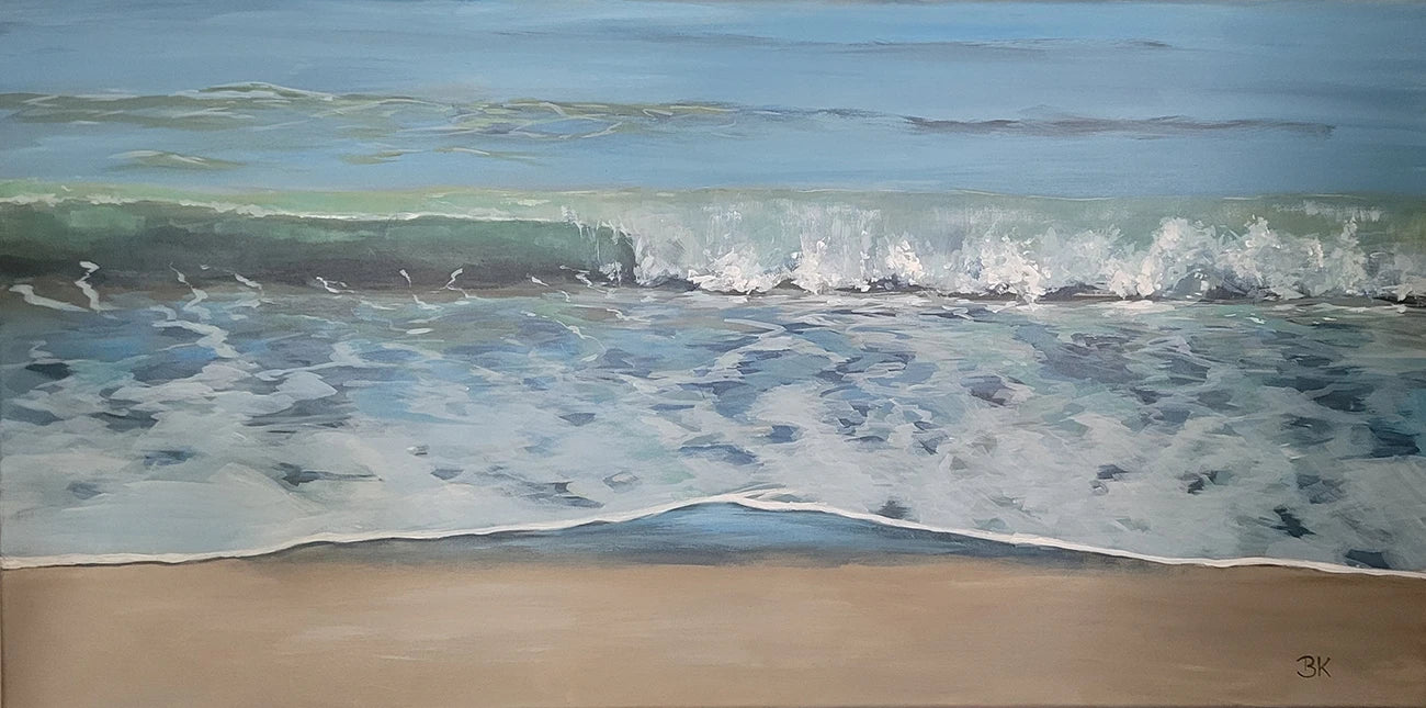 Große Welle – Acrylgemälde von Britta Kröger, 100x50 cm, brechende Welle in Türkis-Smaragd und Gischtweiß, dynamisches Panorama-Seestück | Kunst-Direkt.de
