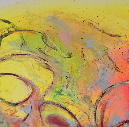 Original Acrylgemälde Joy of Life von Elena Grumann – Großformatige farbenfrohe Abstraktion im Hochformat 100x120 cm, Detail Formen, Kunst-Direkt.de / Newart.gallery