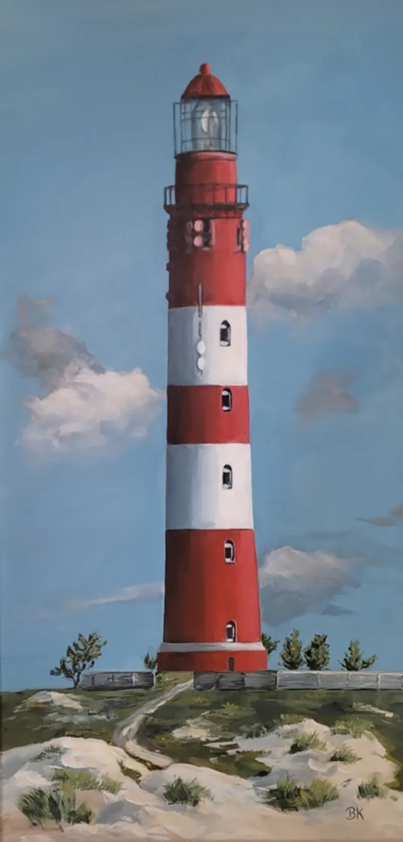 Leuchtturm – Acrylgemälde von Britta Kröger, 80x40 cm, rot-weißer Leuchtturm in Sanddünen, nordische Küstenkunst, Hochformat | Kunst-Direkt.de
