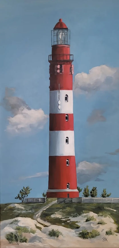 Leuchtturm – Acrylgemälde von Britta Kröger, 80x40 cm, rot-weißer Leuchtturm in Sanddünen, nordische Küstenkunst, Hochformat | Kunst-Direkt.de
