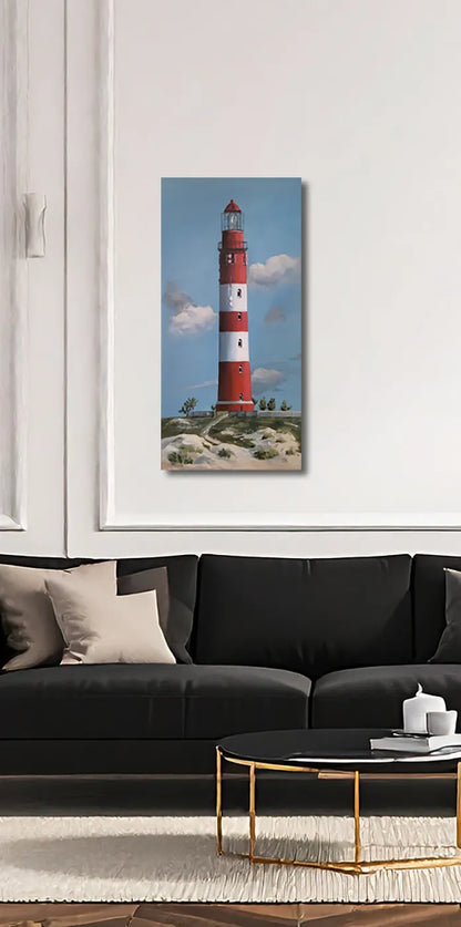 Leuchtturm von Britta Kröger an der Wand – Original-Acrylgemälde, 80x40 cm, maritime Malerei, signiertes Unikat | Kunst-Direkt.de

