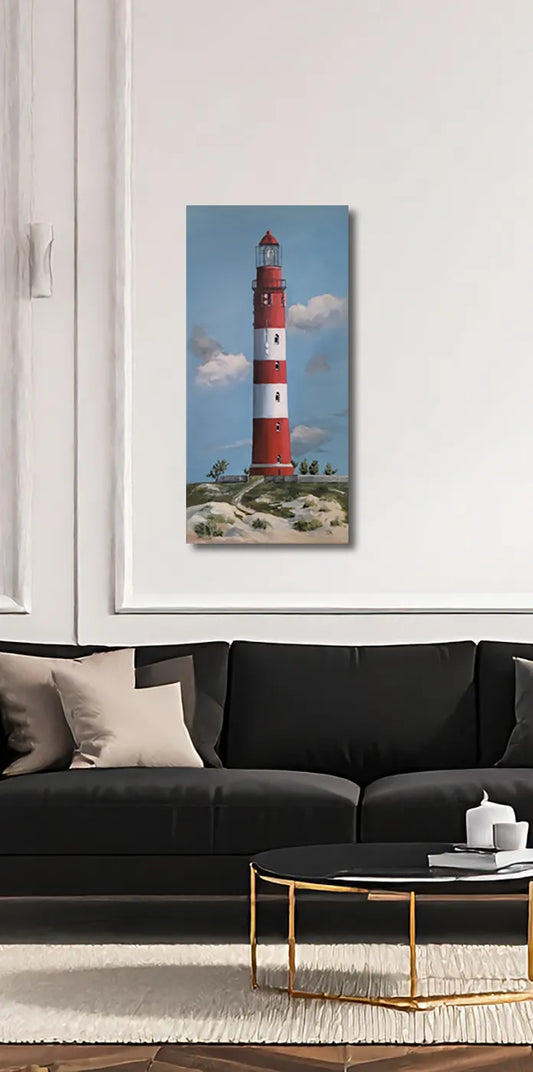 Leuchtturm von Britta Kröger an der Wand – Original-Acrylgemälde, 80x40 cm, maritime Malerei, signiertes Unikat | Kunst-Direkt.de
