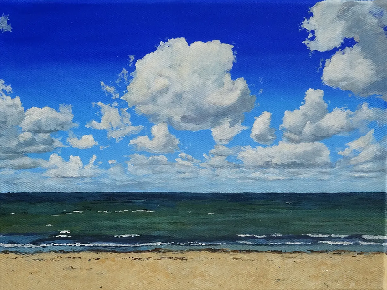 Meer mit Wolken – Acrylgemälde von Britta Kröger, 30x40 cm, maritimes Seestück, Sommerhimmel mit Schönwetterwolken in Kobaltblau und Weiß | Kunst-Direkt.de
