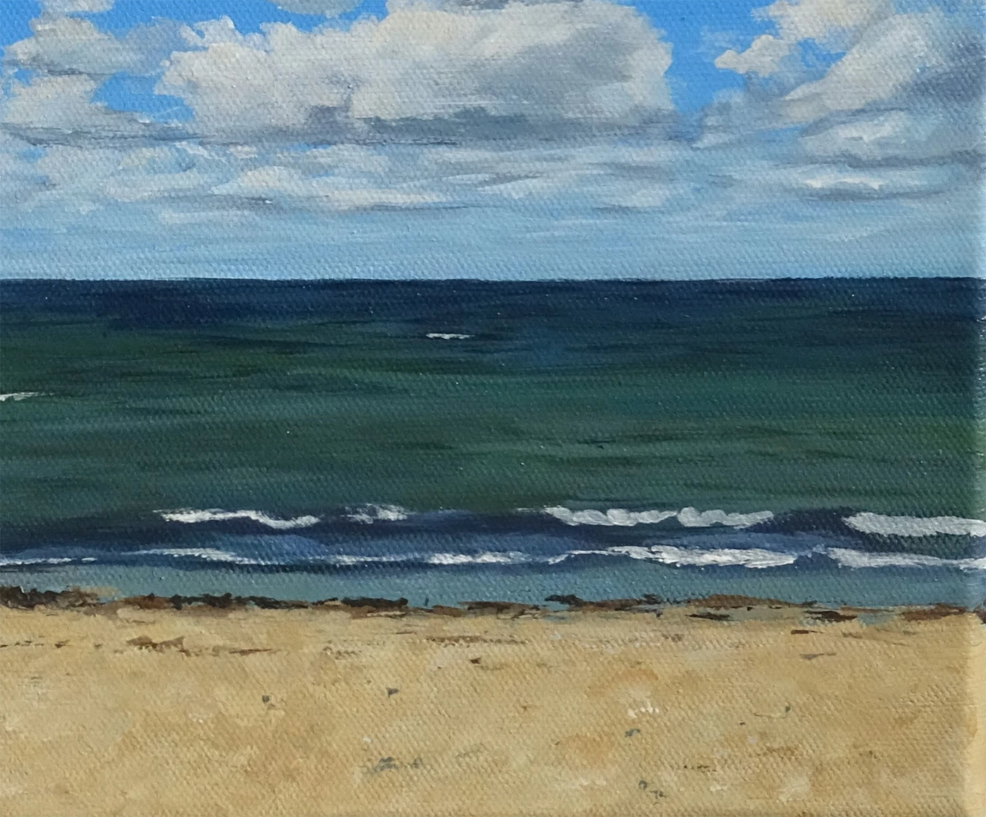 Detailaufnahme Meer mit Wolken – Plastisch ausgearbeitete Schönwetterwolken in Weiß, tiefblauer Sommerhimmel, Britta Kröger | Kunst-Direkt.de
