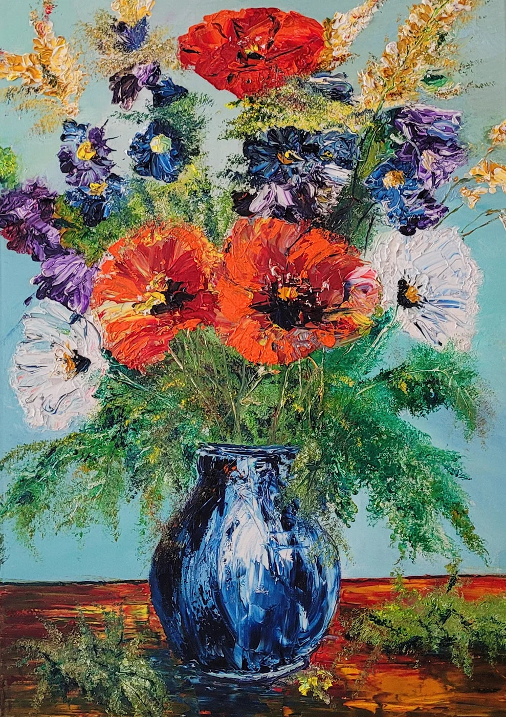 Mohnblüte – Ölgemälde von Roger Ziereisen, 70x50 cm, pastose Farbschichten, Rot und Orange auf Salbeigrün | Kunst-Direkt.de
