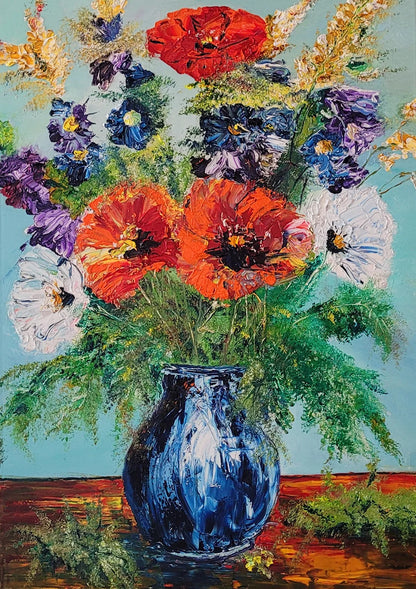 Mohnblüte – Ölgemälde von Roger Ziereisen, 70x50 cm, pastose Farbschichten, Rot und Orange auf Salbeigrün | Kunst-Direkt.de
