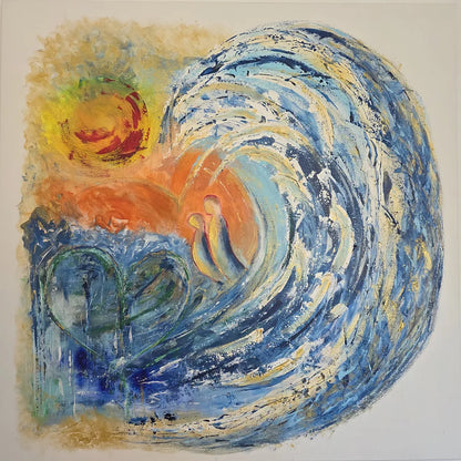 Original Acrylgemälde Mother's Love von Elena Grumann – Abstrahierte Mutter-Kind-Figuren umhüllt von einer Welle im Quadratformat 100x100 cm, Kunst-Direkt.de / Newart.gallery
