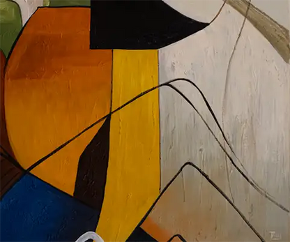 Abstraktes Gemälde, fließende Formen, farbige Felder, schwarze Linien, Hochformat, Detailansicht mit  farbigen Feldern und schwarzen Linien