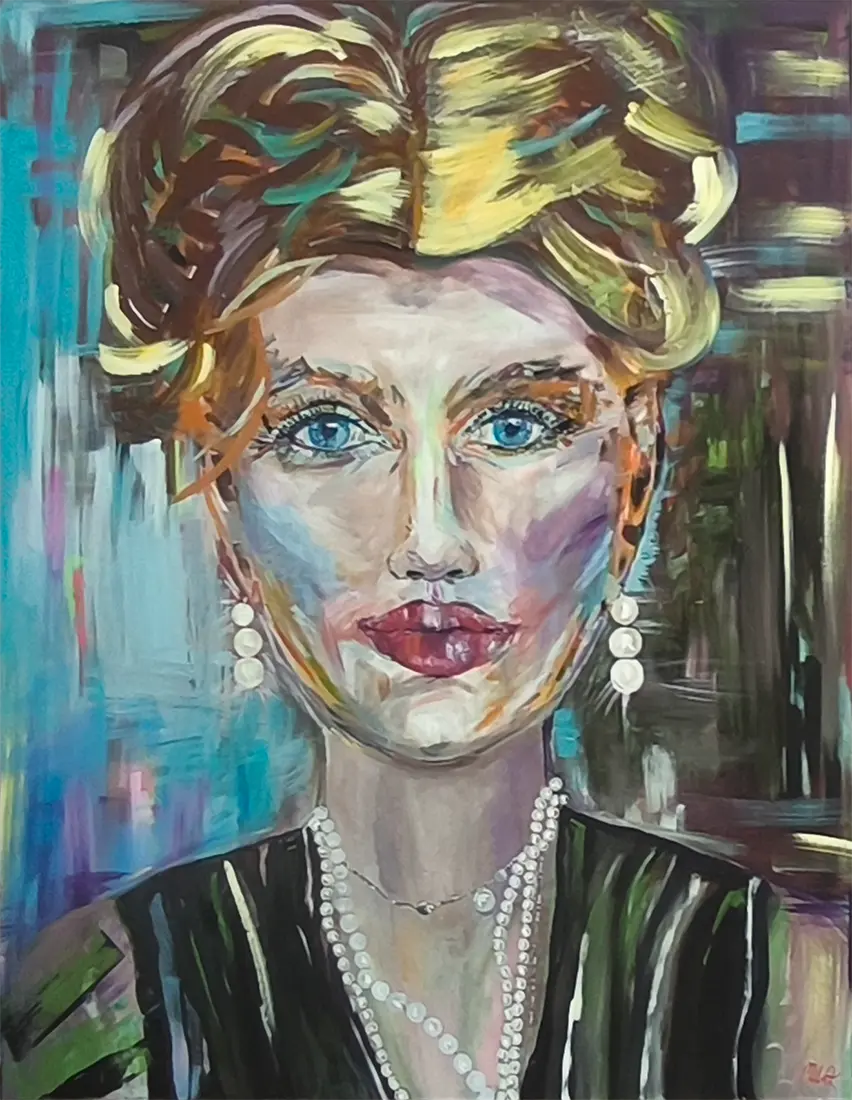 Perly – Acrylgemälde von Maren Lüke-Amato, 150x120 cm, Frauenporträt mit Perlenketten und leuchtend blauen Augen | Kunst-Direkt.de

