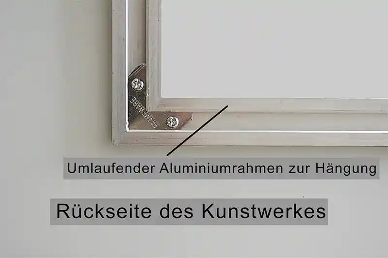 Rückansicht Alu-Dibond mit umlaufenden Aluminium Profil zu Hängung und Beschriftung. Kunst-Direkt.de