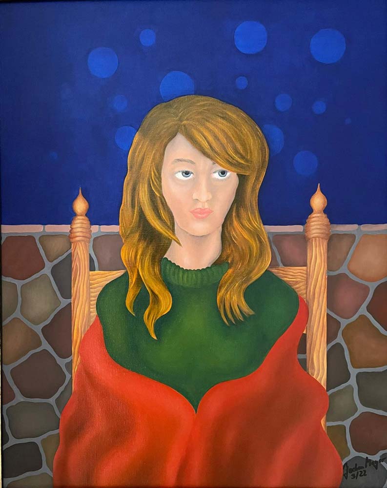 Person in roter Decke auf einem Suhl sitzend, Schicksal ist ein surrealistisches Ölgemälde von Jochen Meyer, 57 x 47 cm, Kunst-Direkt.de