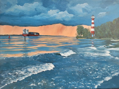Sonnenuntergang an der Elbe – Acrylgemälde von Britta Kröger, 60x80 cm, Leuchtturm Wittenbergen, Containerschiff, Abendlicht in Lachs und Atlantikblau | Kunst-Direkt.de
