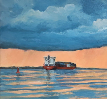 Detailaufnahme Sonnenuntergang an der Elbe – Dynamische Wellen mit Schaumkronen, glitzernde Lichtreflexe im Elbwasser, Britta Kröger | Kunst-Direkt.de
