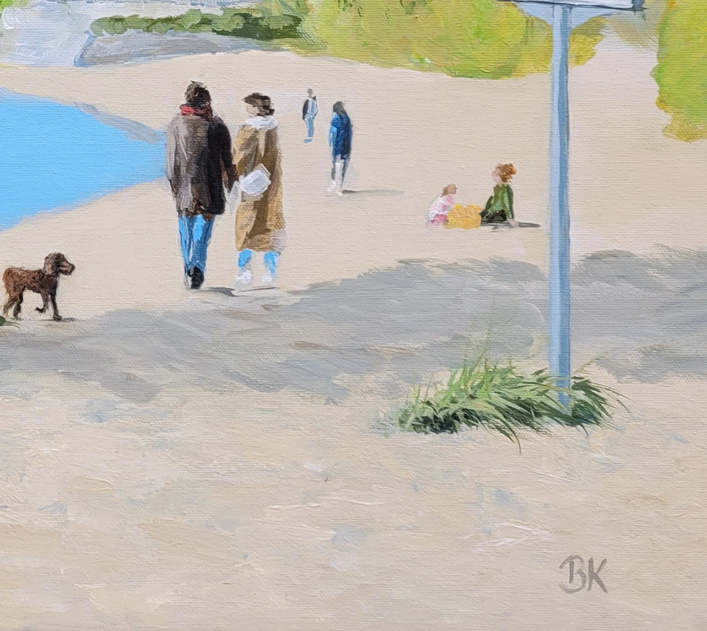 Detailaufnahme Spaziergang am Elbufer – Figuren am Flussufer, Lichtspiegelungen auf der Elbe, Hamburger Lokalkolorit, Britta Kröger | Kunst-Direkt.de
