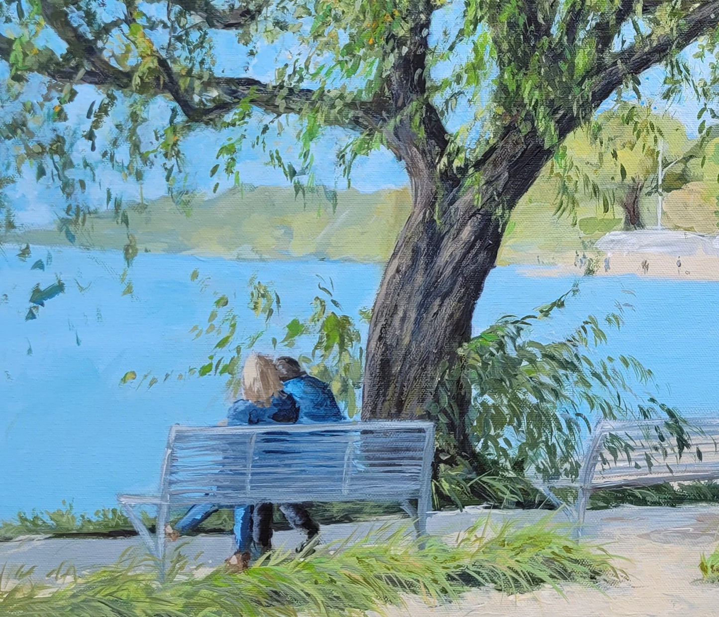 Detailaufnahme Spaziergang am Elbufer – Ufervegetation und Wasserreflexe, stimmungsvolle Abendatmosphäre, moderner Realismus, Britta Kröger | Kunst-Direkt.de
