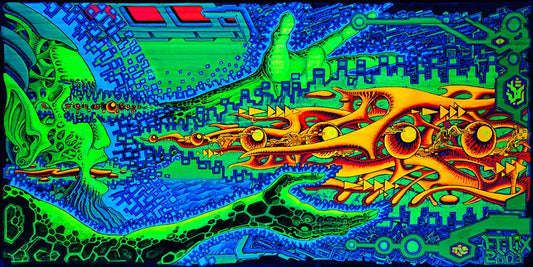 fineart Print, Neonfarben grün, orange, violett, blau, Strukturen einer Galaxie, 120 x 60 cm, felix stöver, Kunst-Direkt.de