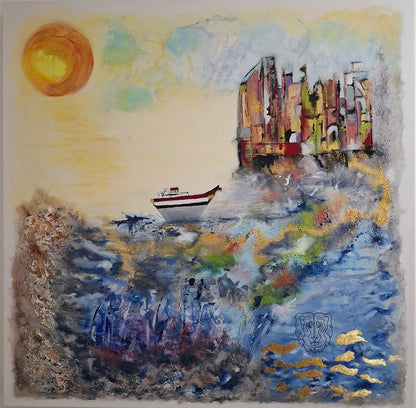 Original Acrylgemälde Visions Set Sail von Elena Grumann – Maritime High-Fashion-Abstraktion mit Schiff, 24K Blattgold und Stadtarchitektur 80x80 cm, Kunst-Direkt.de / Newart.gallery