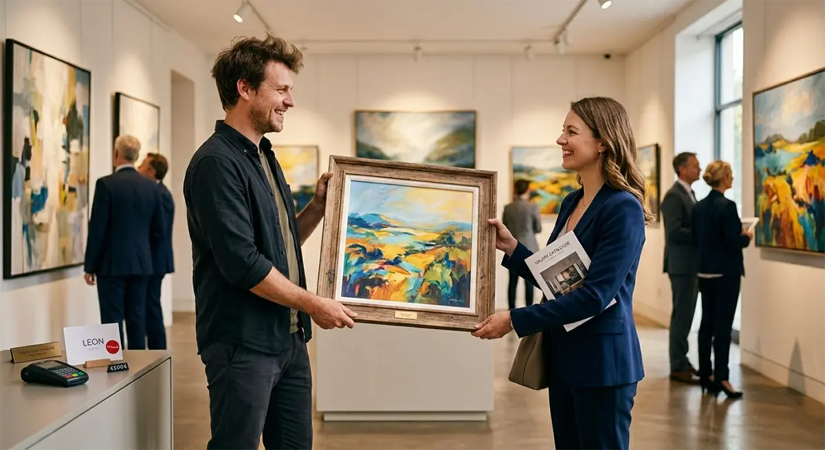 Ein Künstler hat ein Bild verkauft und gibt es der Käuferin, Galerieumfeld, alle sind zufrieden. Kunst-Direkt.de