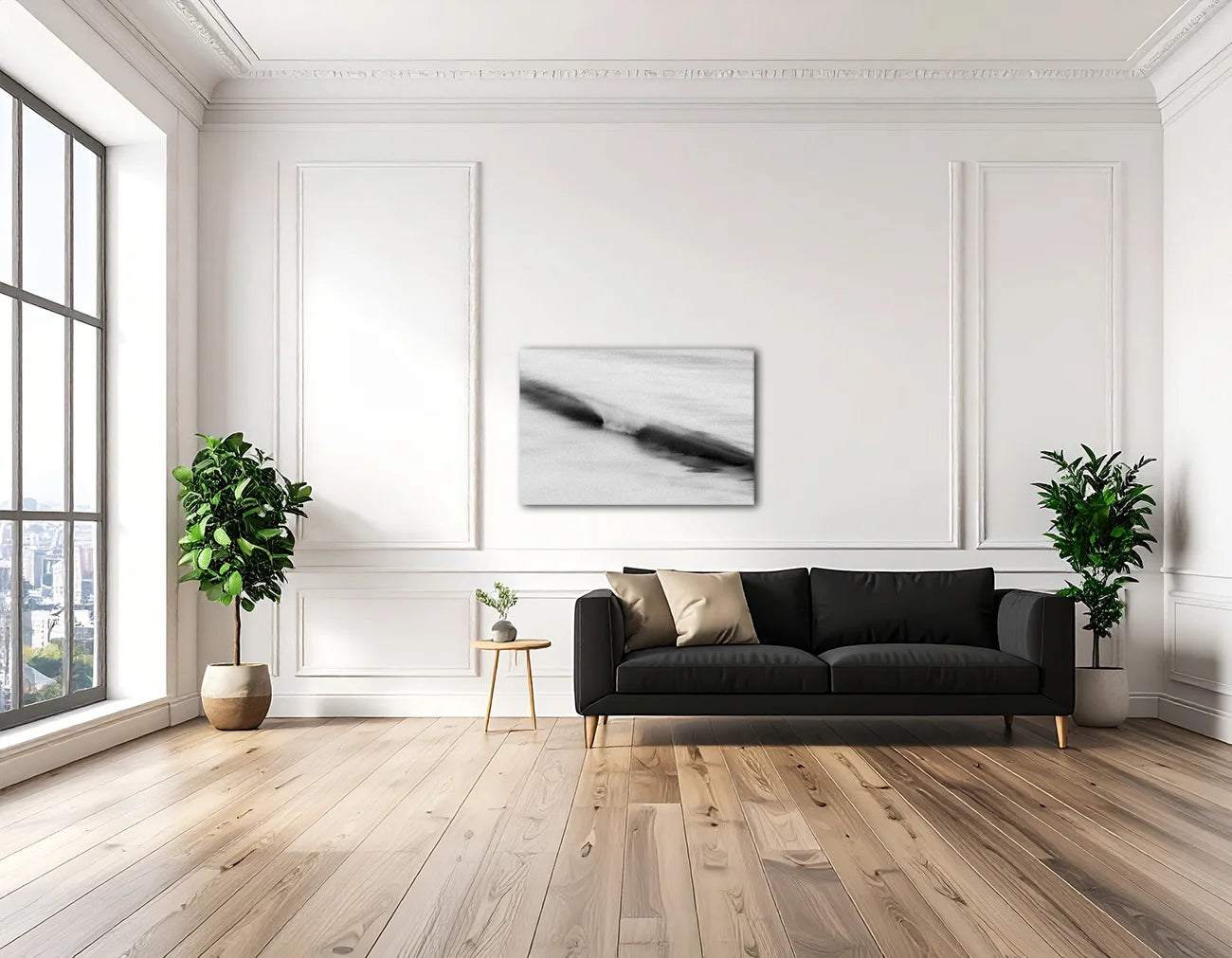 Großformatige Schwarz-Weiß-Fotokunst The Beauty of Confrontation von Malte Lüdemann im minimalistischen Wohnzimmer oder Architekturbüro