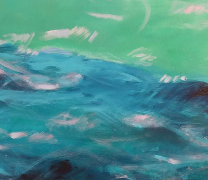Acrylgemälde, 120 x 160 cm, schemenhaft schwimmt ein Wal im grünen Wasser,  detail wal, grün und hellblau, Marion Schmidtke, Kunst-Direkt.de