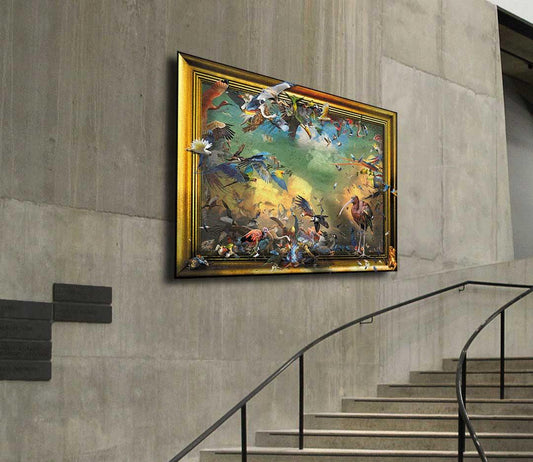 fineart Print, viele Phantasievolle Vögel, sitzend und fliegend, Wolken, Goldener Rahmen,  185 x 125 cm, Gero Paul, Kunst-Direkt.de, an wand hängen