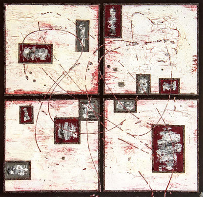 4 quadrate, gemalt, abstrakt, heller Grund mit roten streifen